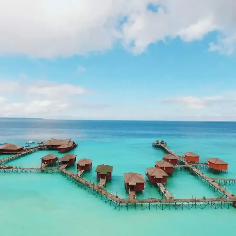 Aerial view of the over-water villas of Maratua Paradise Resort