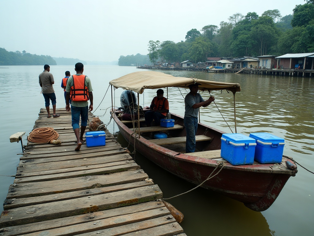 Speedboat loading dry bags at the timber pier in Tanjung Batu, Berau Regency, before the 30 to 45 minute crossing to Derawan Island