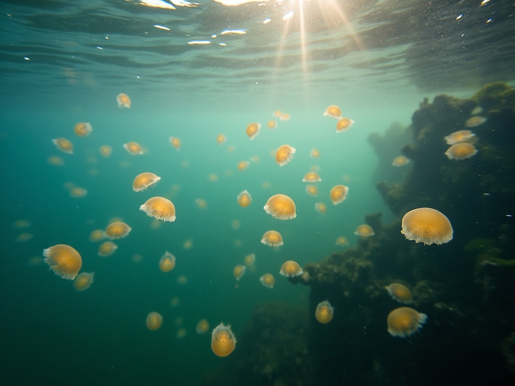 Stingless golden jellyfish drifting in the shallow water of the landlocked Kakaban marine lake in the Derawan Archipelago