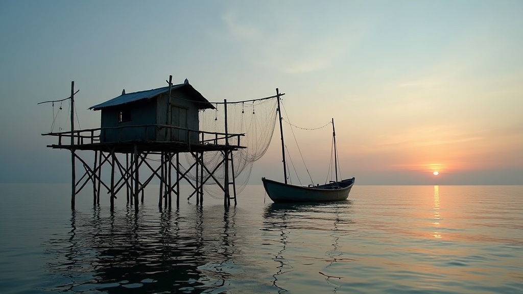 Traditional bagan lift-net fishing platform at dawn off the Talisayan coast, Berau Regency, East Kalimantan, where whale sharks are sometimes seen