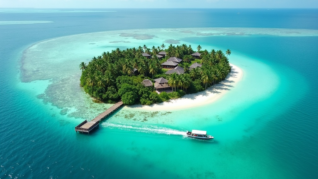 Aerial view of Derawan Island in the Derawan Archipelago, Berau Regency, East Kalimantan, showing the stilt village jetty, turquoise reef flats and sand channels